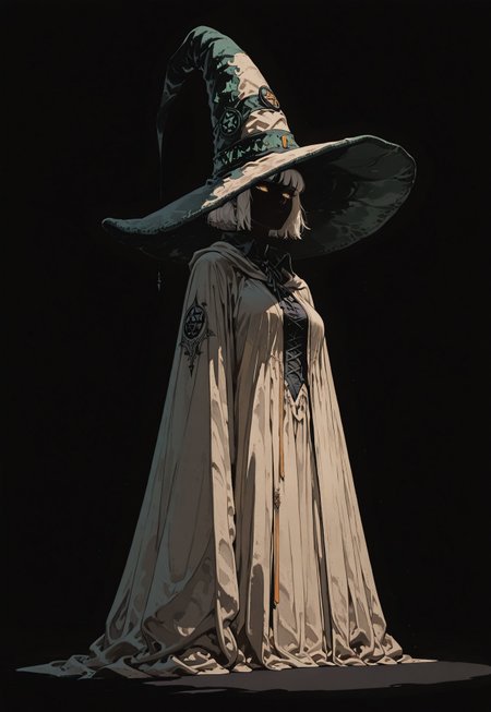 masterpiece, best quality, good quality, newest, highres, absurdres, 1girl, solo, witch, (huge brimhat:1.1), mage, robes, casting, platinum blonde hair, golden eyes, shadow, dark, long shadow, animated shadow, living shadow, 