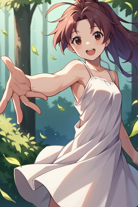 score_9, score_8_up, score_7_up, score_6_up, source_anime, BREAK 1girl, solo,  <lora:gsjenna-pdxl-nvwls-v1-000005:1> gsJenna, brown hair, ponytail, antenna hair, forest, white sundress, loose clothes, wind, from side, spaghetti straps, bare shoulders, looking at you, happy, open mouth, outstretched hand
