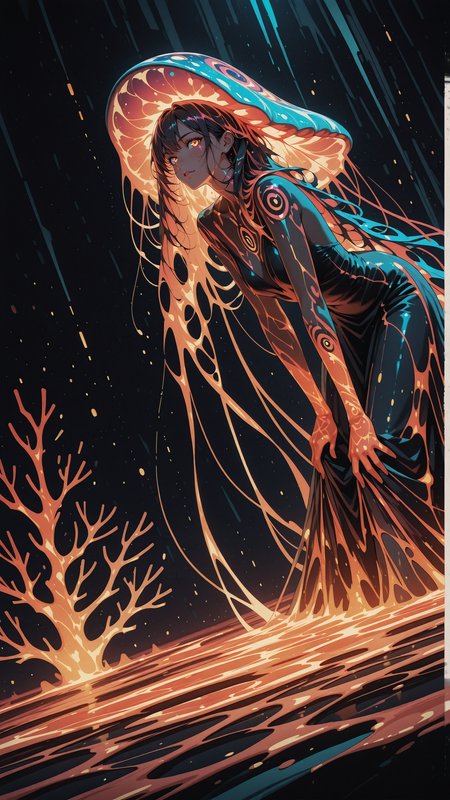anime, comic, dynamic angle, masterpiece, best quality, 8k, beautiful, hot, seductive, (eye contact: 1.1), (looking at the viewer), brown eyes, beautiful face, hyper detailed, ultra high resolution, woman, leaning forward to viewer, long dress made of lava, extra long hair, wavy hair, coral reef, under water, detailed eyes, luscious lips, (bright studio lighting:1.2), f2, 35mm, film grain, underwater_scene, (huge jellyfish as a pump hood:1.2), bioluminescent dress, woman Illuminated by the ethereal glow of bioluminescent jellyfish, underwater volcano, the lava spreads in the water, surrounds the woman, lava merges with the water, romantic atmosphere, under water, bioluminescent structures, symphony of water and joy, soft illumination, zentangle, mandala, tangle, entangle, (fractal art:1.2), (hyperdetailed:1.2), (intricate details:1), (Refined details:1.2), (detailed radiant face:1.1), liquid hair, jedsplu,jedsplu style,psychedelic colors <lora:Psylustrious:0.7>, bioluminescence, black background, very dark, neon glow,  <lora:reij-detaILer:0.6>