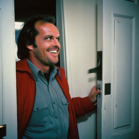 UHD, 4k, ultra detailed, cinematic, a photograph of  <lora:perfection style:0.5> <lora:detailed:0.5> perfection detailed
 <lora:The Shining film style:0.9>
 <lora:1980's style:0.4>
Low angle from below, Jack Torrance In the 1980's in the Colorado Rocky Mountains a smiling man holding a door knob in his hand while leaning on a door,solo,open mouth,shirt,black hair,long sleeves,1boy,holding,jacket,upper body,male focus,teeth,indoors,red jacket,realistic,what , cinematic, film, kodak, The Shining film style, epic, beautiful lighting, inpsiring