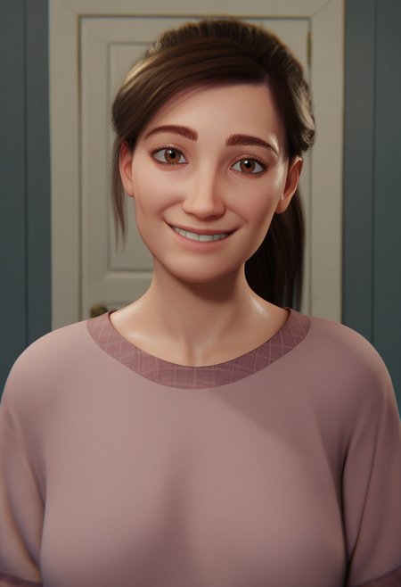 score_9, score_8_up, score_7_up,<lora:Santo_Fabbro:0.8>, santo, 1girl,solo,brown hair,brown eyes,ponytail,long hair,looking at viewer,shirt,smile,upper body,indoors