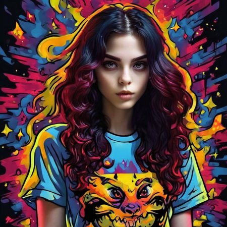 cartophoto studio photo of a beautiful demon girl  with glowing red eyes, with long curly black and red hair in a colorful t-shirt on a dark hell, expressive background, very detailed <lora:cartophoto:1>