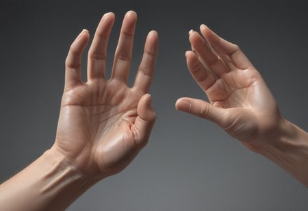 (Realism: 1.4), Cinematic lighting, (detailed image of a man's palm), fingers, nails, skin texture, (correct anatomical shape), detailed rendering, perspective from different angles, close and far.