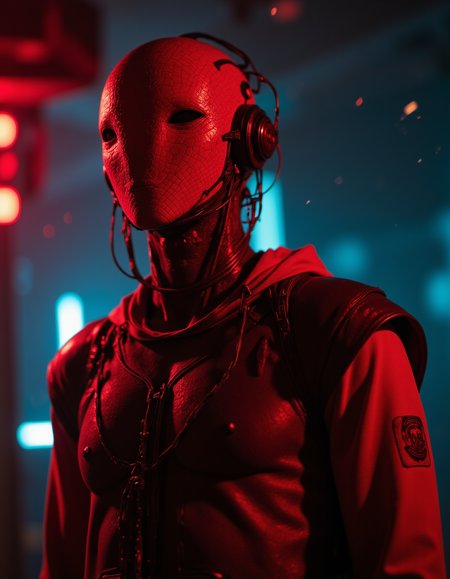A portrait a biomechanic creature with shadows cast across the strange flat mask. It standing in a moody, cinematic environment. The red lighting is solely focused on the subject, filtered through a grid, creating intricate, patterned shadows. The rest of the scene fades into cold cyan darkness. Neon glows, sparks, wires, cables, and sci-fi elements enhance the scene, with complex details throughout. The shallow depth of field, film grain effects, heightens the high-budget, dramatic atmosphere. Textures, small detales aesthetic blends intricate, surreal design with a grainy.   <lora:artisketchyfs-v02:0.85>