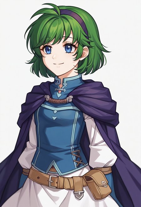 score_9, score_8_up, score_7_up, source_anime, 1girl, solo, pensive
<lora:zs_FE10PortraitsXL:1> fe10portraits, portrait, white background,
<lora:nino-fe-richy-v1_pdxl:1> ninodef, blue eyes, green hair, short hair, antenna hair, purple hairband, blue shirt, purple cloak, long sleeves, white sleeves, white skirt, brown belt, belt pouch, blue knee boots, closed mouth, smile