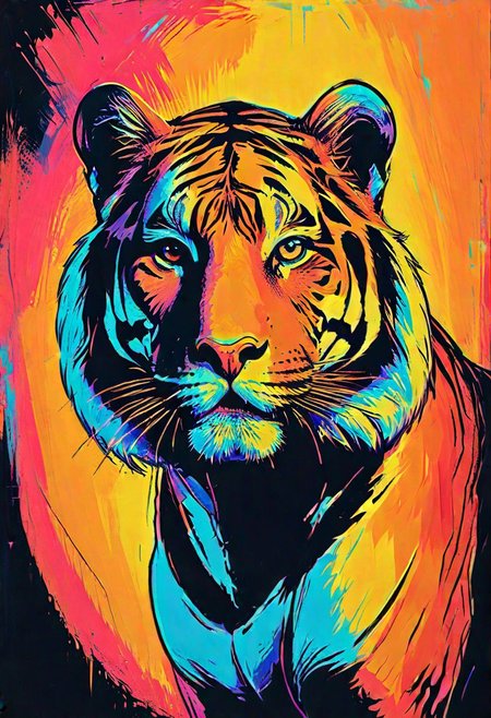 impactful color paint of, a Tiger, highly detailed, vibrant colors , 8k, sharp, professional, clear, high contrast, high saturated, , vivid deep blacks, crystal clear
