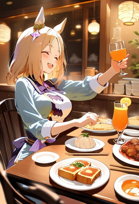 masterpiece, high score, great score, absurdres, , 
 1girl,,  Bar, sitting on chair, Food on table, Chinese food, several mugs, blush,Multiple dishes, toasting, Multiple dishes, toasts, orange juice, having juice, (smile,happy), narita top road \(umamusume\),
masterpiece, high score, great score, absurdres, reflection, , motion blur, depth of field, faux traditional media,