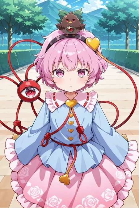 absurdres, highres, masterpiece, best quality, amazing quality, official anime artwork, screencap, anime screencap, looking at viewer, outdoors, 
<lora:Komeiji-Satori_IllustriousV2:1> komeiji satori, 1girl, solo, pink eyes, pink hair, short hair, third eye,, komeiji satori \(tiny underworld queen\), aged down, black hairband, blue shirt, heart hair ornament, yellow heat, frilled shirt, long sleeves, wide sleeves, yellow buttons, heart button, pink skirt, frilled skirt, 
bird on head, reiuji utsuho (bird), green bow, hair bow,