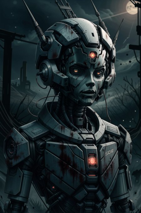 sci-fi style cybernetic robot horror-themed one guy, predatory pupil, shining eyes, aloof expression, ferocious aura, broad shoulders, blood, looking at the viewer <lora:detailed_notrigger:1> <lora:CharacterDesign_Concept:0.5> <lora:art-v5-15:0.8> . eerie, unsettling, dark, spooky, suspenseful, grim, highly detailed . android, AI, machine, metal, wires, tech, futuristic, highly detailed . futuristic, technological, alien worlds, space themes, advanced civilizations