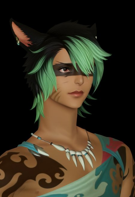 masterpiece, best quality, KrhisT1A, animal ears, miqo'te, solo, cat ears, dark skin, short hair, multicolored hair, facial mark, green hair, two-tone hair, 1boy, black hair, dark-skinned male, holding, whisker markings, earrings, upper body, jewelry, neck tattoo, meme, hair over eyes, parody, facepaint