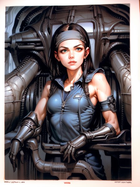 Score_9, Score_8_up, Score_7_up, Score_6_up, science fiction, traditional media, 1girl, grey headband, looking at viewer, sleeveless, blue shirt, vambraces, deep shadow, <lora:Giger:1>