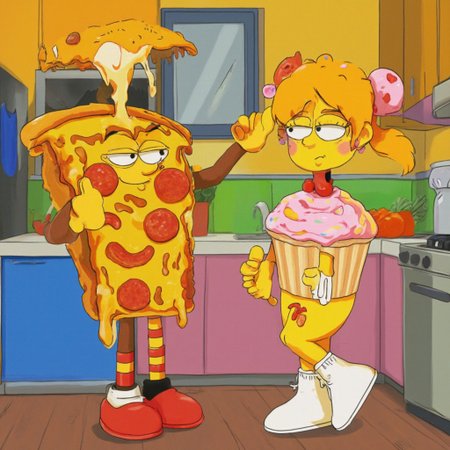 âThis pair of images illustrates a couple as cartoon characters representing the contrast between savory and sweet; [IMAGE1] a character dressed as a slice of pizza with gooey cheese and pepperoni flashes a thumbs-up, while [IMAGE2] a character in a cupcake outfit with pastel frosting and sprinkles gives a cheerful wave, both in a vibrant kitchen filled with food props.â