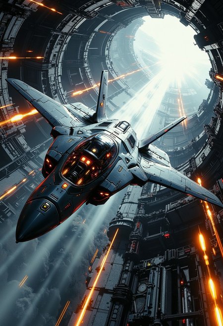 in the style of ck-mgs, A digital artwork in the style of cknc, a futuristic, highly advanced stealth fighter flying rapidly through an enclosed underground structure of metal and rock. The fuelage is made of a dark gunmetal alloy and  the cockpit shows glowing led lights, and has a large air intake