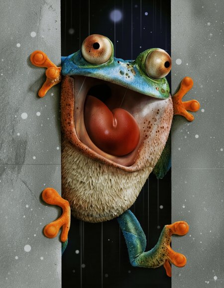 Art by Jean-Baptiste Vendamme. A whimsical digital illustration shoot from a frontal camera angle about a cartoon frog character with large, expressive eyes peeking out from behind a wall. the image also shows raindrops on a gray textured background. on the middle of the image, a cute, anthropomorphic frog with a surprised expression, standing on its hind legs, looking directly at the viewer. the frog, who appears to be a blue tree frog, has large, round, brown eyes, and a long, bushy tail with orange feet. its mouth is open, and its tongue is sticking out, as if it's about to say something. its body is a mix of blue, green, and orange colors, with a playful and slightly mischievous expression.