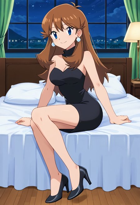score_9, score_8_up, masterpiece, best quality, uncensored, correct anatomy, detailed background, anime_source, 1girl, solo, alone, perfect eyes, perfect arms, perfect legs, perfect face, indoors, medium breasts,  bare shoulders, gurin, blue eyes, brown hair, long hair, bangs, sidelocks, looking at viewer,  a short black sweetheart bodycon dress, black dress, strapless, sexual arousal, black high heels, blue earrings, round earrings, full body, Sitting on her bed, bedroom background, smile, looking at viewers, legs crossed, cowboy shot, indoors, night