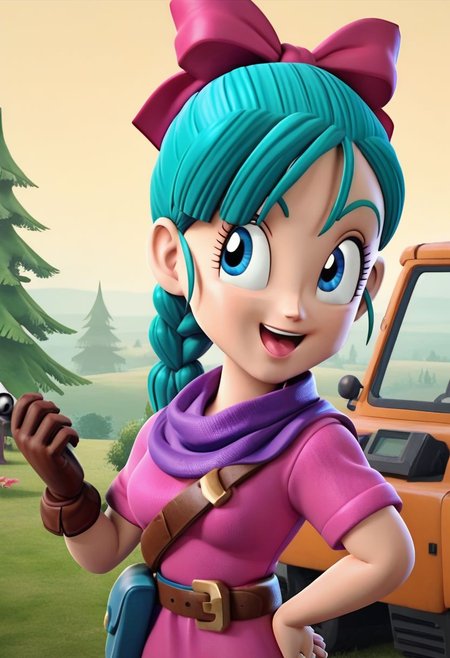 score_9, score_8_up, score_7_up, anime screencap, 
 bulma \(dragonball\) 3d render, in clsh artstyle, 1girl, solo, smile, open mouth, blue eyes, gloves, ribbon, aqua hair, braided ponytail, hair ribbon, braid, :d, outdoors, sky, day, belt, character name, tree, single braid, bird, clothes writing, brown gloves, pouch, mountain, purple scarf, fanny pack, 1990s \(style\), arm at side, dragon radar, pink dress, forest, holding, looking at another, looking to the side, motor vehicle, pink dress, short sleeves, single glove, standing, upper body, tongue, raised eyebrows, eyebrows, eyelashes, OverallDetail