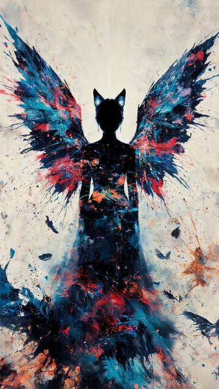 A mesmerizing double exposure masterpiece by the talented trio of Andreas Lie, Bojan Jevtic, and Ashley Wood. The central focus isa hauntingly beautiful silhouette of an anime woman with wings and captivating cat ears, illuminated by Andreas Lie's imaginative vision and bathed in mystical glow. The ethereal realm backdrop comes to life through Bojan Jevtic and Ashley Wood's artistic brilliance, teeming with vibrant oil splashes and an immersive atmosphere. The invisible backdrop crackles with energy, highlighting the unparalleled versatility of these artists. In 8K resolution and lifelike lighting, this extraordinary artwork masterfully blends conceptual, graffiti, and poster styles with intricate, maximalist elements, showcasing the unparalleled versatility of these artists. This breathtaking, poster, painting, photo, illustration, typography, graffiti, cinematic, fashion, portrait photography, vibrant, conceptual art, 3d render,aidmaimageupgrader, aidmaMJ6.1 <lora:aidmaMJ6.1-FLUX-v0.5:0.7> <lora:aidmaImageUprader-FLUX-v0.3:0.4>