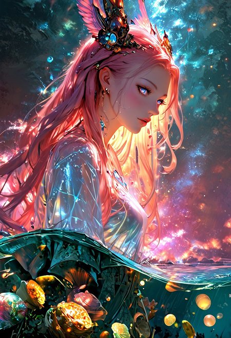 (score_9, score_8_up), score_7_up, zPDXL, solo, zPDXL3, <lora:MythAnim3Style:0.8>, MythAn1m3, character, source_anime, 1girl, mermaid, Iridescent eyes, aquatic scene, dreamlike atmosphere, mystical, ethereal light, detailed textures, whimsical, rippling, dripping, water element, very long cascading hair, water, very beautiful, sexy, sexy body, beautiful body, scales, wet body, Iridescent scales, bubbles, water drops, Iridescent skin, multi colored eyes, partially underwater shot, bioluminescent skin, bioluminescent, glowing, bioluminescent scales, bioluminescent hair, bioluminescent scales, FastNegativeV2, verybadimagenegative_v1.3, laser light clothes, submerged breast, water line on lense, view from under water, waterline, great lighting, seashells details, metallic details, hair ornaments, gems, sunset, bioluminescent tattoos, style-nebmagic, coastal  landscape background, long hair braids,  wet transparent clothing, wet see through shirt, see-through clothing, translucent clothing, flowing sleeves, hair covering nipples, pink hair,