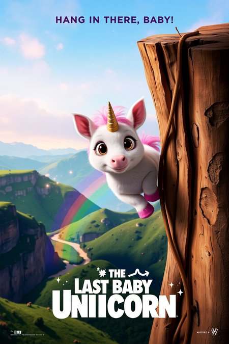 mvpstr. Epic Movie poster for "The Last Baby Unicorn", featuring A cute, wide-eyed baby unicorn with pastel-colored fur and a tiny horn hanging precariously to the edge of a cliff, about to fall off. In the background, a whimsical, mystical landscape is visible, with gentle hills, magical sparkles, and a faint rainbow. tagline at the top reads: "Hang in there, baby!"  At the bottom, add the film title, "The Last Baby Unicorn," in a playful, fantasy-style font that complements the lighthearted tone. <lora:schnell_v1.0:1.0> <lora:EpicMoviePoster-000015:1.0>
