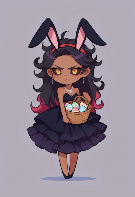 score_9, score_8_up, source_anime, female, <lora:wrenchelegadomepnyxlb2-000005:1.0>,wrenchelegadome,gown, black dress, layered clothing,necklace, solo, dark skin,horn,black sclera, demon, (chibi:1.1), black hair, crossed arms, pouting, angry, cute, tiny, embroidery, multi multicolored hair, multicolored dress, easter egg, basket, fake rabbit ears,