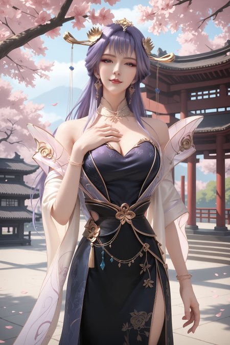 score_9, score_8_up, score_8, source_real,real skin, rating_explicit, mature female, ExpresiveH, best quality, unreal engine,game,cg, very aesthetic, CG, masterpiece, ultra high res, highres, More Details, high rating,Intricate and refined delicate details,  looking at viewer,
<lora:age_slider_v4:4>,
<lora:tianqiong:1>, 1girl, jewelry, solo, dress, hair ornament, bracelet, long hair, chinese clothes, earrings, black dress, purple hair, bare shoulders, east asian architecture,  Cherry blossom, tree, hand on own chest,