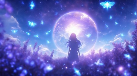 masterpiece, best quality, light particle, depth of field, fantasy, scenery, far away,  no humans,  blue light, pastel colors, chromatic aberration abuse, blue aura, aura, cinematic, atmosphere, purple light, illumination, (lens flare abuse:0.7), (earth:1.2) , fireflies, , (earth \(planet\):1.2), blue sky