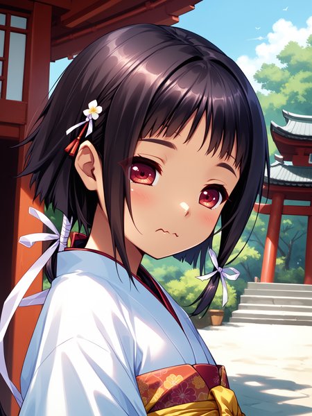(upper body, solo focus:1.2) <lora:happy_tentacle-arle-v0.1-000034:0.9>, ht_arle, low ponytail, hair ribbon, black hair, (petite:1.2), <lora:Shed_The_Skin's StS_age_slider_v1_initial_release:-1.2> ( :1.1) ( ( head tilt :0.8) , , ( :1.2) , (wavy mouth:0.8) , (looking down:1.2) :1.2) , outdoors, vegetation, ( :1.1), summer , (day :0.6), , (:0.5), (people:1.1) , ( :0.9), shrine, kimono ( :0.8) score_9, score_8_up, score_7_up, score_6_up, score_5_up, score_4_up, ( [(realistic, photorealistic:1.3):(realistic:1.2):16] [(3d:1.2)::14] :1) <lora:LUUNA's Lunas-NijiJourney-SDXL-B2:0.5>, nijijourney <lora:prgfrg23's Counterfeit-V3.0 Style SDXL_LoRA_Pony Diffusion V6 XL:0.5> <lora:mfcg's mfcgXL:0.12> <lora:reweik's gyokai(himehajime)_PonyXL_style_v01:0.14>