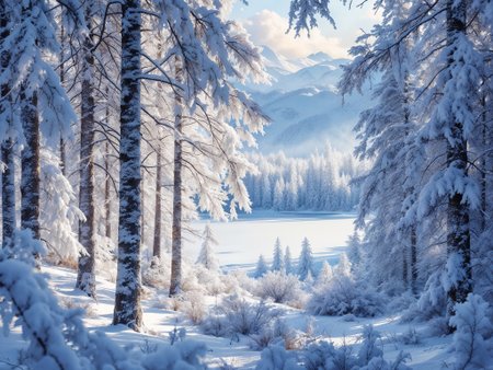 hyper realistic, photo, masterpiece, best quality.
Landscape, very realistic photography, winter forest background with snow on the branches