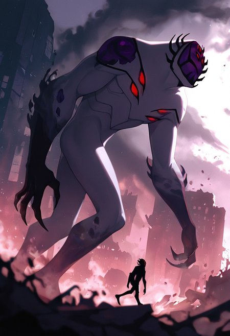 masterpiece, best quality, amazing quality, very aesthetic, absurdres, newest,, detailed background, 
highbreed, extra eyes, solo, alien, white skin, purple face, , monster, red eyes, black hands, , claws, black head spikes,
giant, walking, from side, smoke, foreground blur, depth of field, destroyed city, smoke, from bottom,