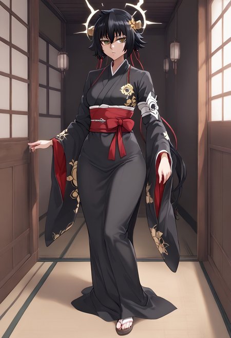 ((masterpiece, best quality, high resolution)) 1girl, solo, sessyoin kiara, full body, defined body and face, perfect lighting, Skin taichou (bleach), solo, black Shinigami clothes, black kimono, taichou haori, white haori, hyper detailed, high resolution, sfw, fatesnha style