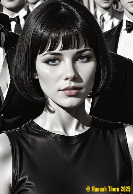 Generate a black and white illustrated portrait in the style of Helmut Newton and Peter Lindbergh, emphasizing a grainy, high-contrast film aesthetic reminiscent of 1970s fashion photography.  The subject is a woman, framed from a slightly low angle, showing her head and upper torso. She possesses short, blunt bangs framing a neutral expression, her sleeveless garment exhibiting a smooth texture. The straight neckline and simple attire contribute to a sense of minimalist elegance. Employ strong chiaroscuro lighting, with dramatic shadows accentuating her face and the texture of her clothing, creating a compelling interplay of light and dark.  A shallow depth of field blurs the background, revealing only fragments of at least two men in formal attire (jackets and bow ties), suggesting a crowded, indoor social gathering.  The background figures should be indistinct, emphasizing the isolation of the subject. The overall image should possess a tangible sense of film grain and softness of detail, evoking the classic feel of vintage photographic processes. The monochrome palette should be rich and nuanced, avoiding flatness, with subtle gradations within the shadow and highlight areas.  Infuse the composition with a subtle tension and an air of mystery, echoing the characteristic mood of both Newton and Lindbergh's iconic works, incorporating elements of both their signature styles.  The final image should possess a timeless quality, a striking blend of classic elegance and edgy modernism. <lora:_Flux\_Painting\Graphic_Novel.safetensors:1.0:1.0>