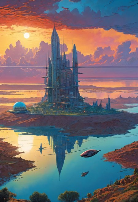 Art by Jean Giraud, Moebius, view from the sky, dawn, clouds, sunrise, small colorful sci-fi future outpost, surrounded by nature and water, UHD, 8K, masterpiece, detailed, ultra_high_resolution, detailxl