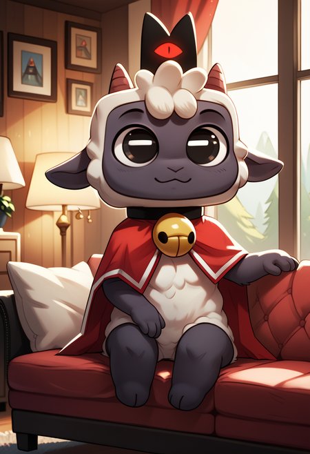 score_9, score_8_up, score_8,  <lora:Lamb_Cult_of_The_Lamb_for_PonyXL:0.8>  furry, l4mb, lamb, horns, neck bell, cape, sitting on couch, living room, window, solo,