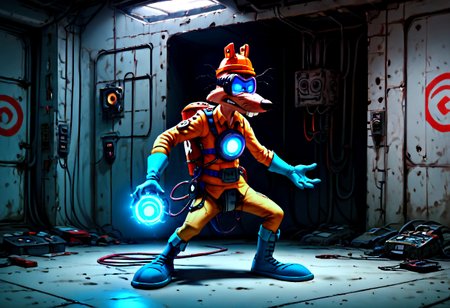 evi@decrepPunk, ng_deepnegative_v1_75t, Megavolt, anthro, orange helmet, safety goggles, buck teeth, two protruding hairs on each side, limbal ring on left eye, four fingers, yellow overall, cable reel on left hip, whiskers, red battery on back, plug on chest, blue gloves, blue boots,,  electrokinesis, electricityocean, glowing, highest resolution, perfectly balanced, detailed shading, haze lighting, full body shot, fantasy ,score_9,score_8_up, score_7_up, score_6_up,absurdres, subsurface scathering, depth of field, masterpiece, best quality, newest, absurdres, highres, feeling, impact, very awa, dim lighting, sidelighting,amazing quality, scenery, very aesthetic, newest, volumetric lighting, blending,ratfolk, furry rat,negative_hand,easynegative,Expressiveh,easynegative