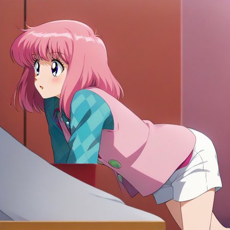 Nakajima Noriko, pink hair with bangs, blue eye, wearing a pink vest over a blue-green checkered shirt, white shorts,,