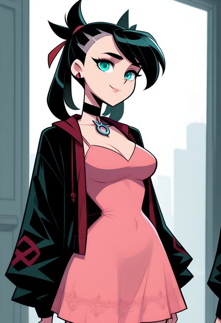masterpiece, best quality, medium breasts, (curvy),   BREAK, zzMarnie, aqua eyes, black choker, red ribbon, pink dress, jewelry, black jacket, open clothes, long sleeves, <lora:MarniePokemonIllustrious:1.0>,smile, looking at viewer, cowboy shot,   <lora:Style60_IXL:1.5>,