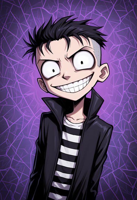 masterpiece, best quality, amazing quality, dutch angle, abstract background, BREAK
solo, 1boy, male, nny, black hair, black eyes, short hair, long black coat, striped shirt, evil grin, BREAK
<lora:cfg_scale_boost:.6>  <lora:Nny_-_JTHM_-_ILXL:1>