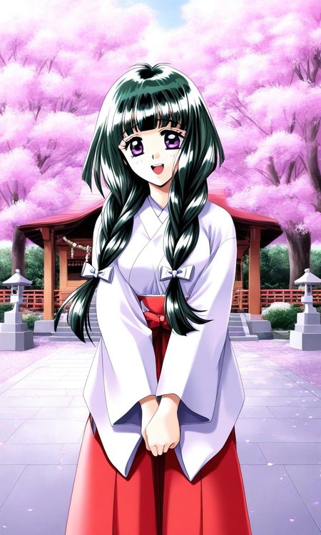 general,highres, ultra-detailed,very aesthetic,best quality ,best hands, BREAK  <lora:Kamiyama_Miko_kakyuusei_Ver2.0_IS:1>Kamiyama_Miko(kakyuusei), 1girl, solo, dark green hair,, long hair, purple eyes, twin braids, white bow, blunt bangs, hair bow, medium breasts, smile, open mouth,
small breasts, hair over shoulder, japanese white clothes, miko, red hakama, 
v arms,
shrine, cherry blossom,