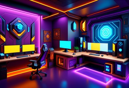 an extremely detailed isometric scene of nxzskzt, isometric cutaway, indoors, cyberpunk themed home office in the year 2024, 3d, isometric view, octane render, neon lighting, isometric miniature, 3d scene, cinematic lighting, extremely detailed, ultra HD, desktop wallpaper, 128k, neon theme, masterpiece, best quality, (lumenarium)