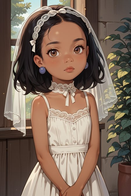 score_9,score_8_up,score_7_up,
 <lora:Minh_Souphanousinphone_King_of_the_Hill_COMMISSION:0.8>
1girl, solo, minh, dark skinned female, brown eyes, black hair, earrings, looking at viewer,
child, short, young, flat chest, white dress, lace choker, sleeveless, veil,
 <lora:1StS_age_slider_v1_initial_release:-4>