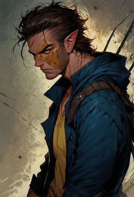 score_9, score_8_up, score_7_up, 1man, solo, 23 year old, serious, determined look, medium short hair, brown hair, wolverine haircut, shifter, dark blue jacket with yellow lines, hood mask, masked, yellow shirt, yellow mask with blue ears, pointy ears,blood, scars, slim body, easynegative