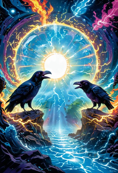 Psychedelic style Ravens collect memories like currency, trading fragments of forgotten timelines between themselves. With third eye opening and god rays
 (((with exaggerated expressions))) Sporting Temporal Displacement Stems: The stems exist in different time periods, aging and de-aging randomly., Reflection Shot: Find reflective surfaces like water, mirrors, or glass, and position your subject so their reflection becomes part of the composition..(dynamic:1.1),sun rays,(taken by 12.5mm fisheye lens:1.1), 
(Vivid, HDR, Canon50, 8K, Hyper Realistic, Dramatic, Epic, Dynamic Contrast, Cinematic Lighting, increased brightness)(((Zoomed Out, Far away Shot))) = =. Epic dynamic lighting , vibrant,highly detailed,psychedelic,((Psychedelic, rainbow glow ))
((Vivid, Epic, Dynamic contrast)) (((Zoomed out, Far away shot, In frame)), (((Cinematic, Studio lighting, Contrast)))
<lora:juggernautXL_version6Rundiffusion:0.8><lora:rundiffusionXL_beta:0.8><lora:crystalClearXL_ccxl:0.9><lora:extremely_detailed:0.8> extremely detailed
 <lora:hyperkraximalism:0.2> hyperkraximalism
 <lora:Alex_Grey_XL_Base:0.5> <lora:glowneon_xl_v1:0.8> glowneon, glowing, sparks, lightning <lora:Colour_Spaces_XL_V1:0.8> colour spaces, coloured spaces  <lora:Graphic_Novel_Illustration:0.8> graphic novel illustration, - Generate images with sharp edges and fine details.
- Produce high-resolution images with no blurriness or distortions.
- Create images with clear and well-defined subjects.
- Ensure that the output images have crisp lines and distinct features.
- Generate images with vibrant colors and accurate tones.
- Avoid noise or artifacts in the generated images.
- Focus on producing clear textures and patterns in the images.
- Emphasize clarity and definition in all aspects of the generated images.
- Prioritize the sharpness and clarity of the main subjects in the images.
- Optimize the AI model to produce clear and visually appealing images., Wlop, By art germ, Ross tran . Vibrant colors, swirling patterns, abstract forms, surreal, trippy