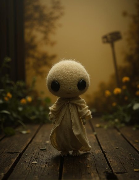 <lora:Dark_Fantasy_Anime-000021.safetensors:1> In a dimly lit setting, perched on a weathered wooden floor, delicate form contrasting against the somber backdrop of an intricate miniature. The overall atmosphere is one of whimsy and innocence, evoking a sense of fantastical storytelling.Amidst a soft-focused, golden-hued backdrop, an enigmatic, cream-colored entity stands in a blurred meadow, its fuzzy surface and serene countenance shrouded in mystery. The image's dreamlike ambiance obscures any discernible context or depth, leaving the viewer with more questions than answers.