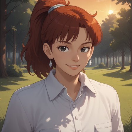 score_9, score_8, BREAK, solo, red hair, ponytail, black eyes, earrings, collared shirt, long sleeves, jeans, shoes, Fio_Piccolo_(Porco_Rosso), cute, sexy pose, self portrait, smile, outdoors, sunlight, shadows, evening lighting, natural lighting, forest, trees, grass, orange sky, sunset