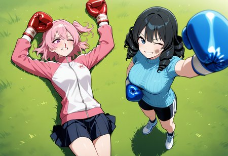boxing gloves, bruised eye, nosebleed, one eye closed, clenched teeth,  <lora:girlsboxingdownloraillustrious-000060:0.3>, gbdown, full body, cowboy shot, from above, cowboy shot, masterpiece, best quality, 2girls, outdoors, grass, BREAK
lying, on back, lying on back, red boxing gloves, pink hair, one side up, track jacket, skirt, BREAK
(bruised eye, dirty face:1.1), one eye closed, arms up, raised fist, smile, happy, standing, looking at viewer, blue boxing gloves, black hair,  drill hair, ribbed sweater, shorts, shoes,