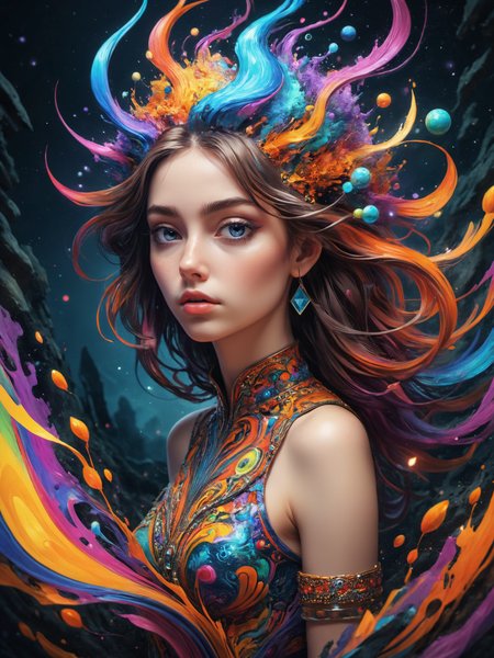 Psychedelic style create an award-winning photograph of a young woman exploring an original and unconventional theme that captivates and amazes the viewer. Push boundaries of traditional concepts,infusing the image with creativity and wonder,leaving a lasting impression on those who behold it.,absurdres,intricately detailed,32K,, glow effects, godrays, Hand drawn, render, 8k, octane render, cinema 4d, blender, dark, atmospheric 4k ultra detailed, cinematic, Sharp focus, big depth of field, Masterpiece, colors, 3d octane render, 4k, concept art, trending on artstation, hyperrealistic, Vivid colors, extremely detailed CG unity 8k wallpaper, trending on CGSociety, Intricate, High Detail, dramatic . Vibrant colors, swirling patterns, abstract forms, surreal, trippy