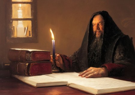 a painting of a wizard's study, a wizard in long burgundy and silver decorated robes behind a large tome open on a desk with candles and parchment, painting by adartaesthetic-198, magical glowing trails and aura, extremely detailed