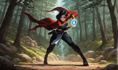 masterpiece, best quality, amazing quality, klskx, full body, 1girl, solo, black hair, medium hair, detailed eyes, multicolored eyes, gold eyes, eyebrows, eyelashes, red and gold hunter robe, (leather armor:1.1), pants, outdoors, rock, overlooking misty valley, (holding glowing magical orb:1.2), outside, early dawn, soft light, detailed scenery, forest clearing, intricate details, magical atmosphere, faint mist, (dynamic pose:0.7), (blurry background, depth of field, bokeh:0.9) <lora:klskx_wai:0.7000000000000001> <lora:spo_sdxl_10ep_4k-data_lora_webui:2.0> <lora:DarkerThanDarkIllustriousV1:0.5>