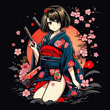 (masterpiece, best quality), chibi style, sexy girl, breasts, kimono,  sakura flower, t-shirt design, dark blackground <lora:chibi_style-000003:1>