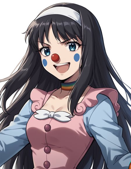 score_9, score_8_up, score_7_up, source_anime, <lora:carnivalphantasm-akiha-toono-ova-ponyxl-lora-nochekaiser:1>, akiha toono, tohno akiha, long hair, blue eyes, black hair, hairband, white hairband, medium breasts,, <lora:clown-ponyxl-lora-nochekaiser:1>, clown, makeup, clown nose, facepaint, gloves, long sleeves, frills, dress,, smile, open mouth, smug, , dutch angle, cowboy shot